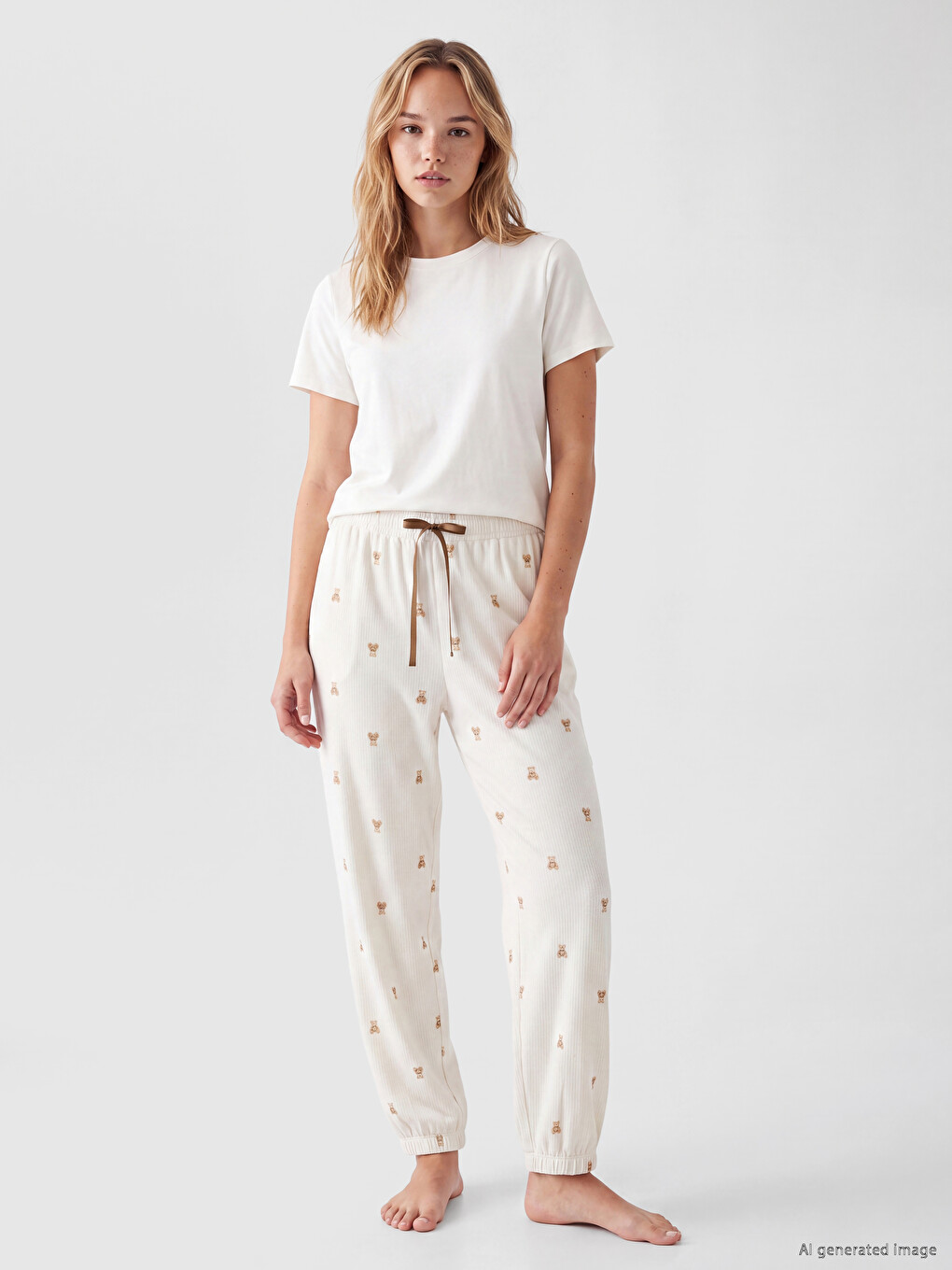 Ekru Beli Lastikli Desenli Kadın Jogger Pijama Altı
