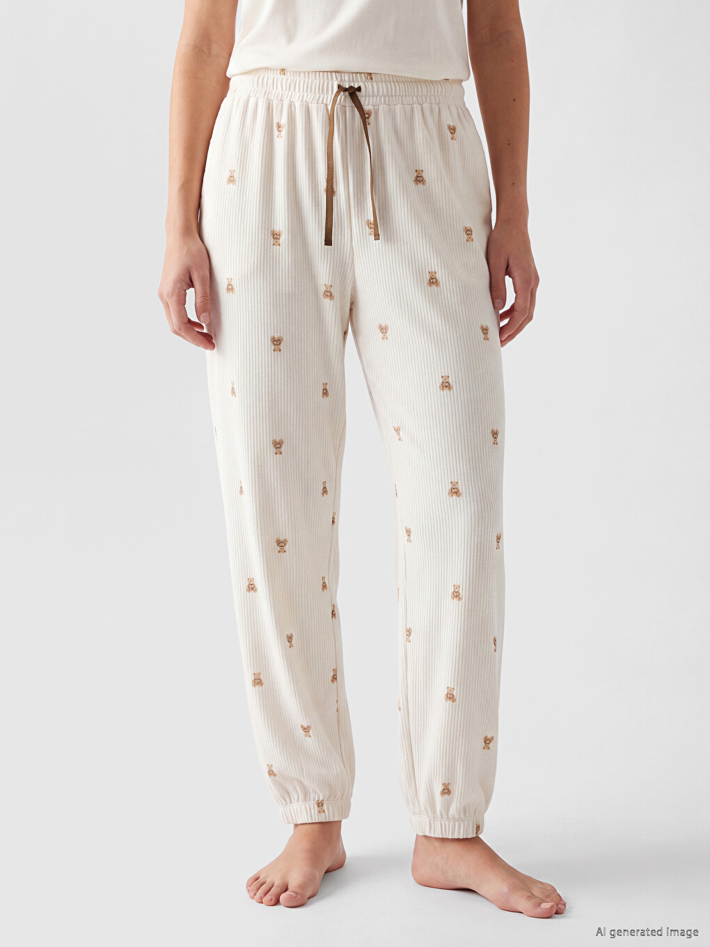 Ekru Beli Lastikli Desenli Kadın Jogger Pijama Altı-1