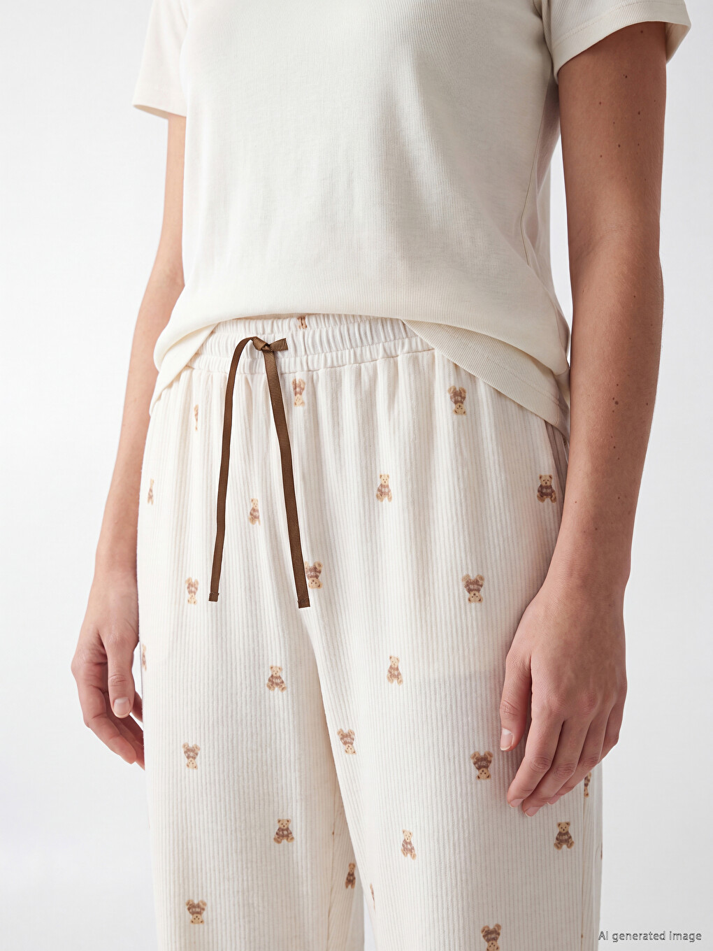 Ekru Beli Lastikli Desenli Kadın Jogger Pijama Altı-2