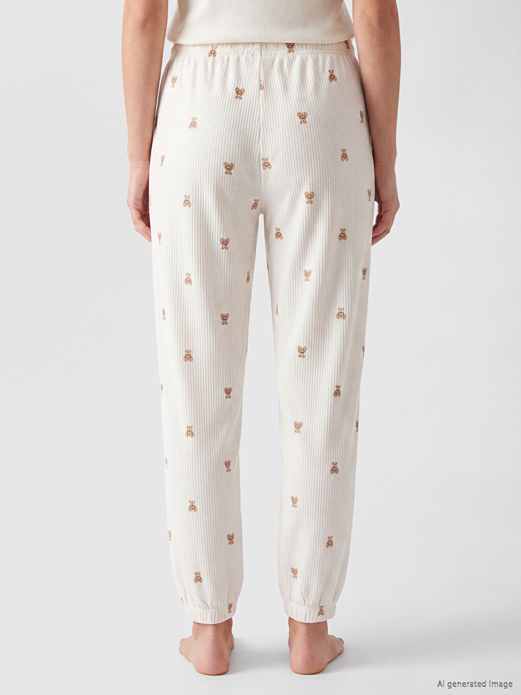 Ekru Beli Lastikli Desenli Kadın Jogger Pijama Altı-3
