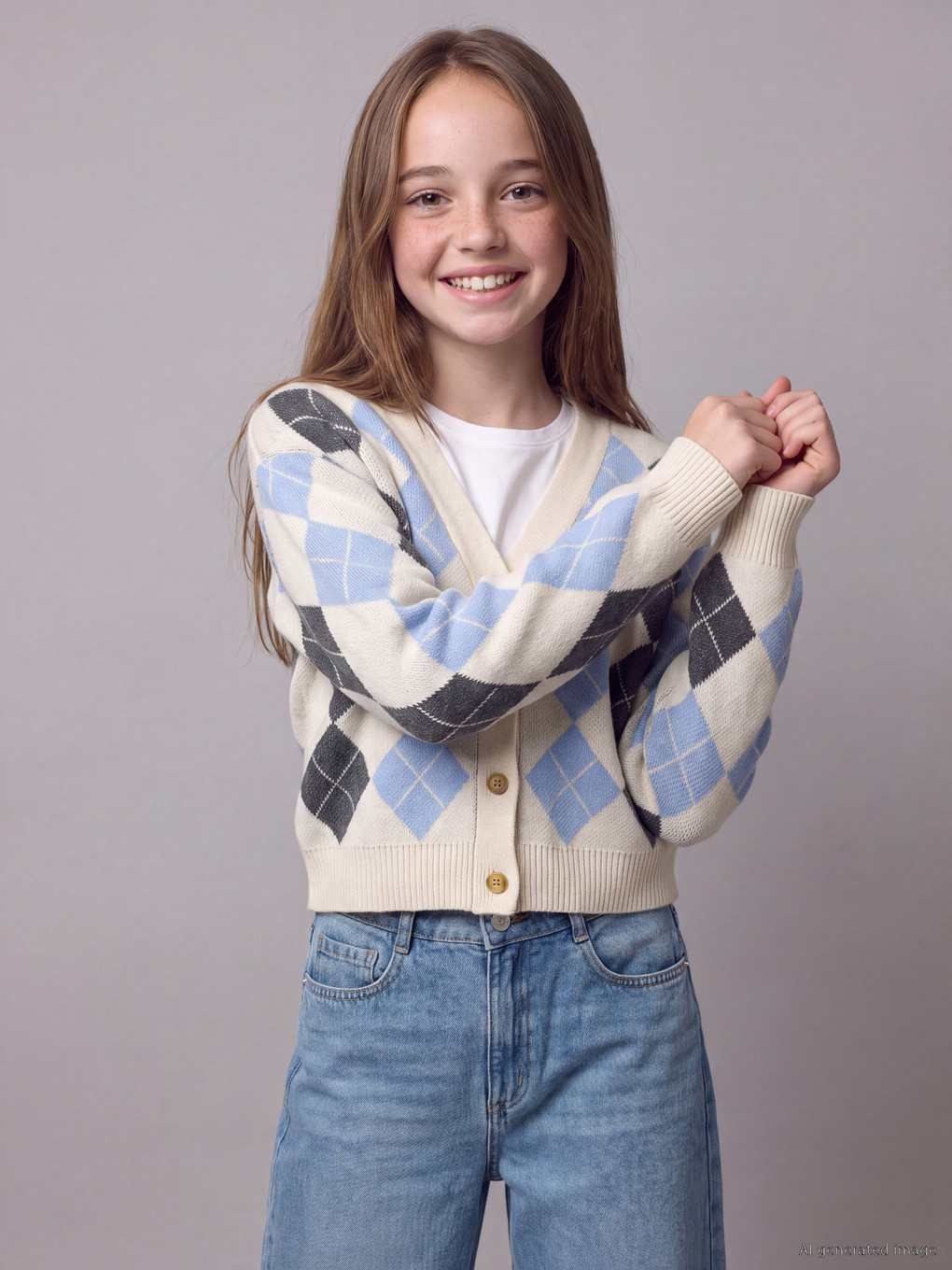 V Neck Argyle Patterned Girls' Cardigan