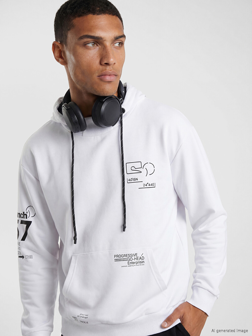 Beyaz Baskılı Erkek Hoodie