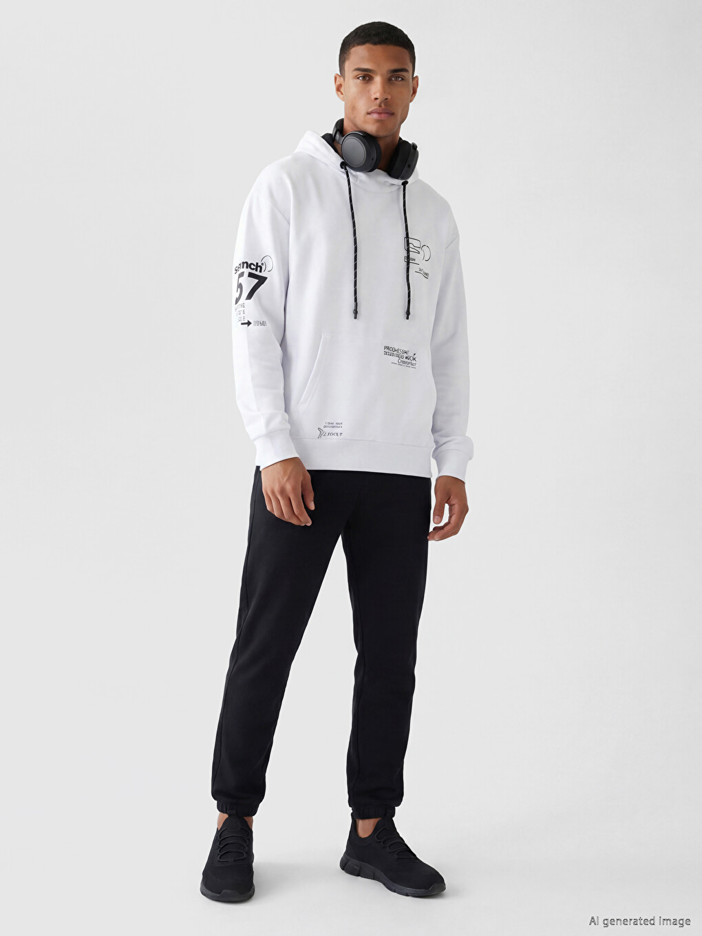 Beyaz Baskılı Erkek Hoodie-1