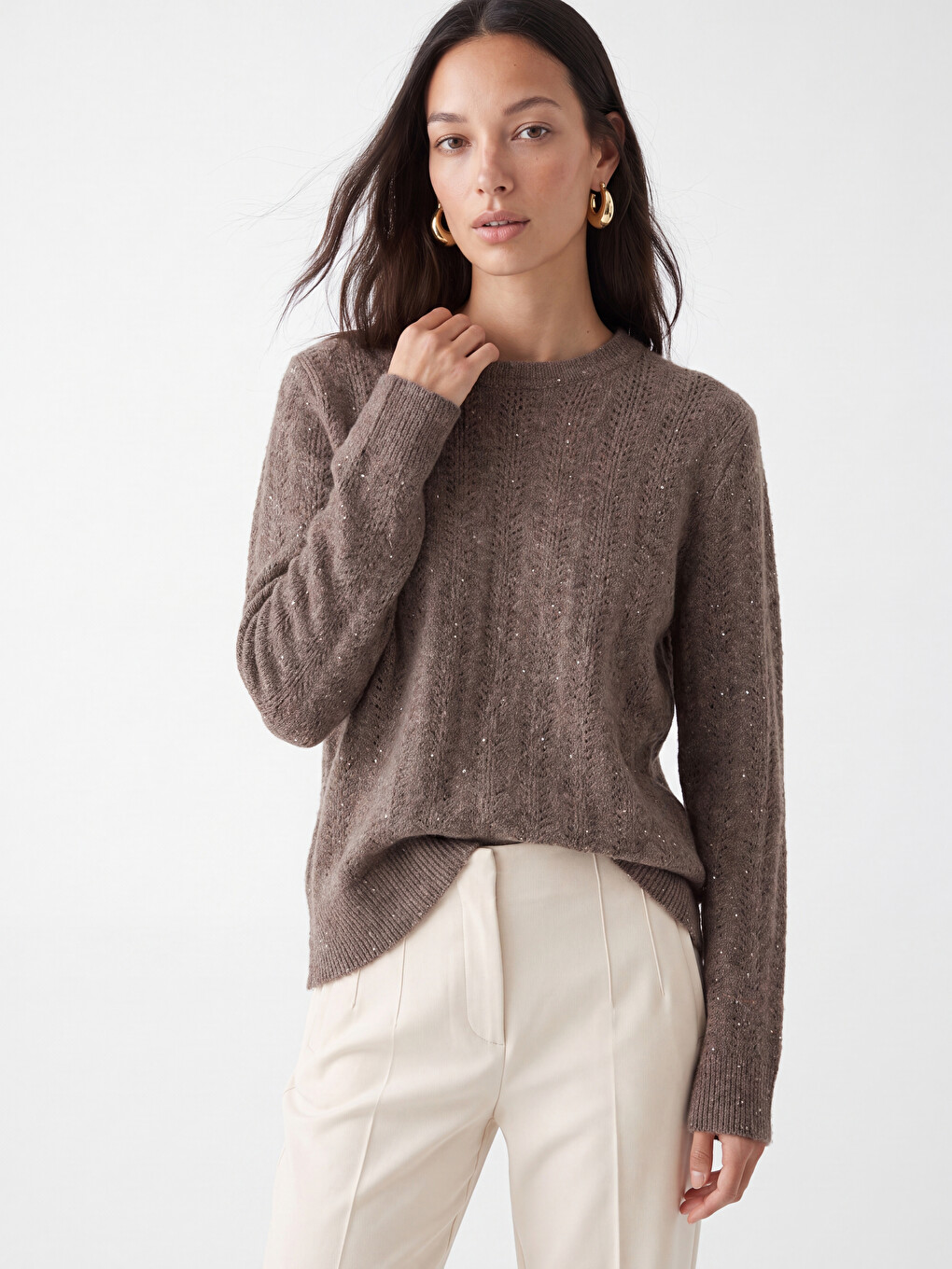 Crew Neck Open-knit Women's Knitwear Sweater