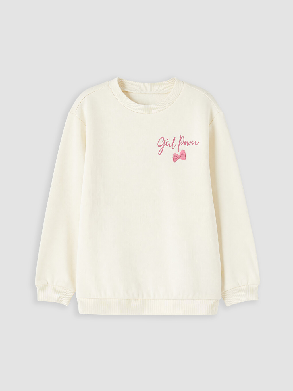 Ekru Bisiklet Yaka Baskılı Kız Çocuk Sweatshirt