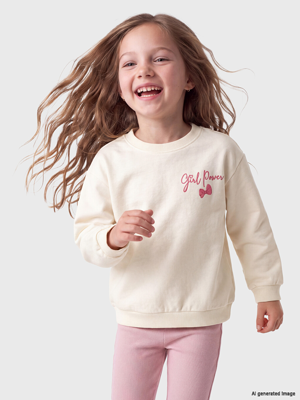 Ekru Bisiklet Yaka Baskılı Kız Çocuk Sweatshirt