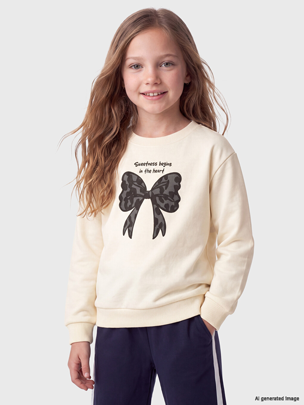 Beyaz Fiyonk Baskılı Kız Çocuk Kalın Sweatshirt