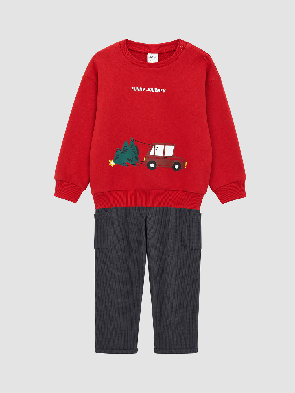 Kırmızı Baskılı Erkek Bebek Sweatshirt Ve Eşofman Altı Takım