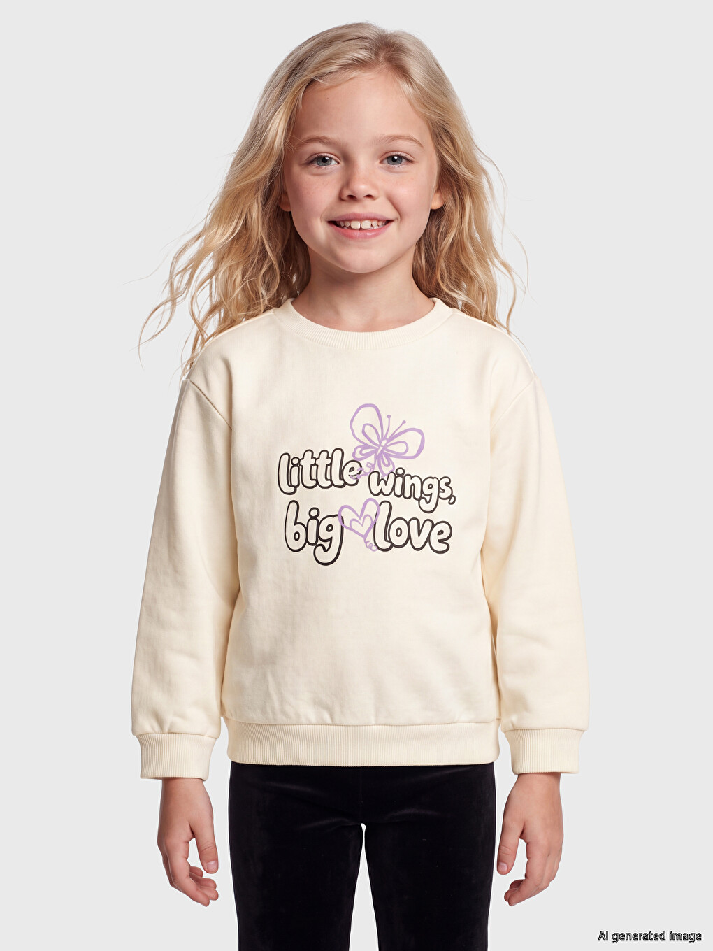 Ekru Bisiklet Yaka Baskılı Kız Çocuk Sweatshirt