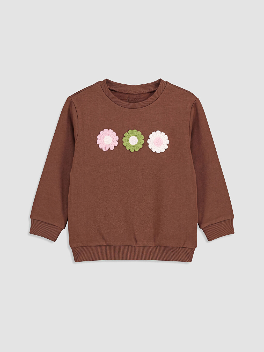 Kahverengi Çiçek Aplikeli Kız Çocuk Sweatshirt