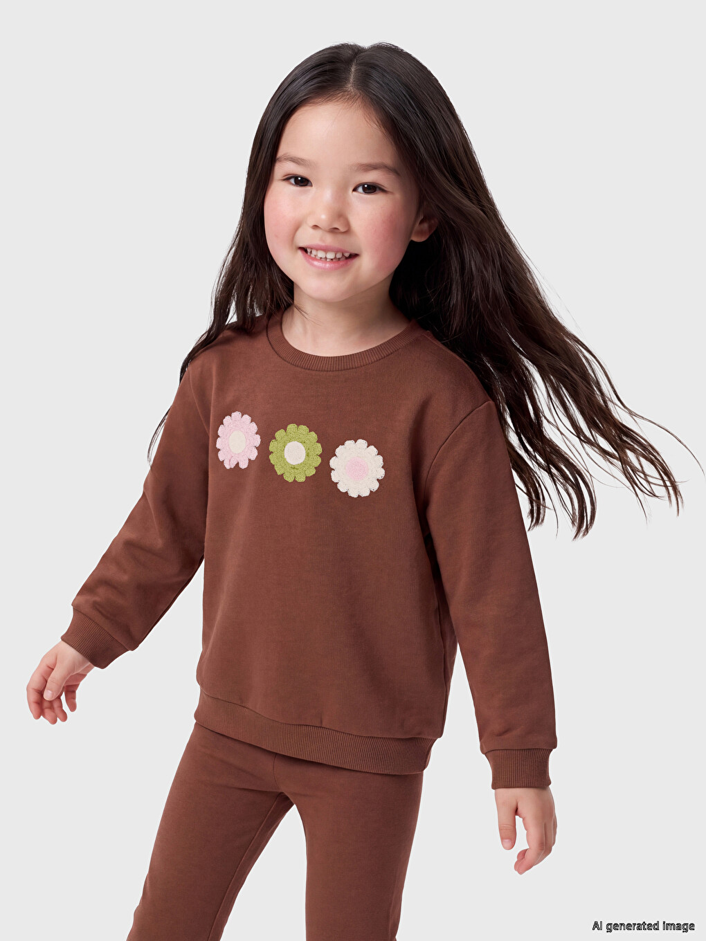 Kahverengi Çiçek Aplikeli Kız Çocuk Sweatshirt