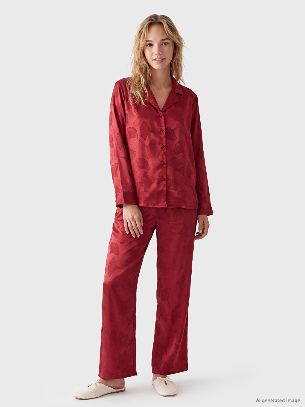 Set De Pijama Din Satin Pentru Femei Cu Model, Cu Guler De Cămașă
