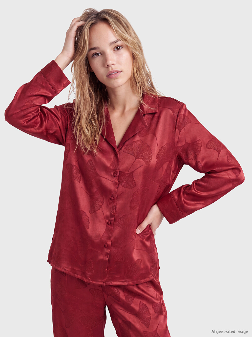 Set De Pijama Din Satin Pentru Femei Cu Model, Cu Guler De Cămașă-1