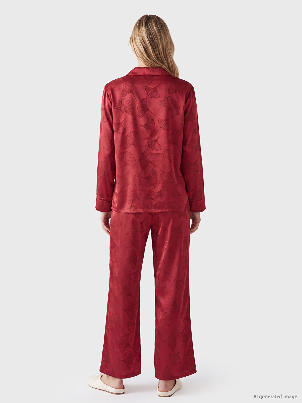 Set De Pijama Din Satin Pentru Femei Cu Model, Cu Guler De Cămașă-3