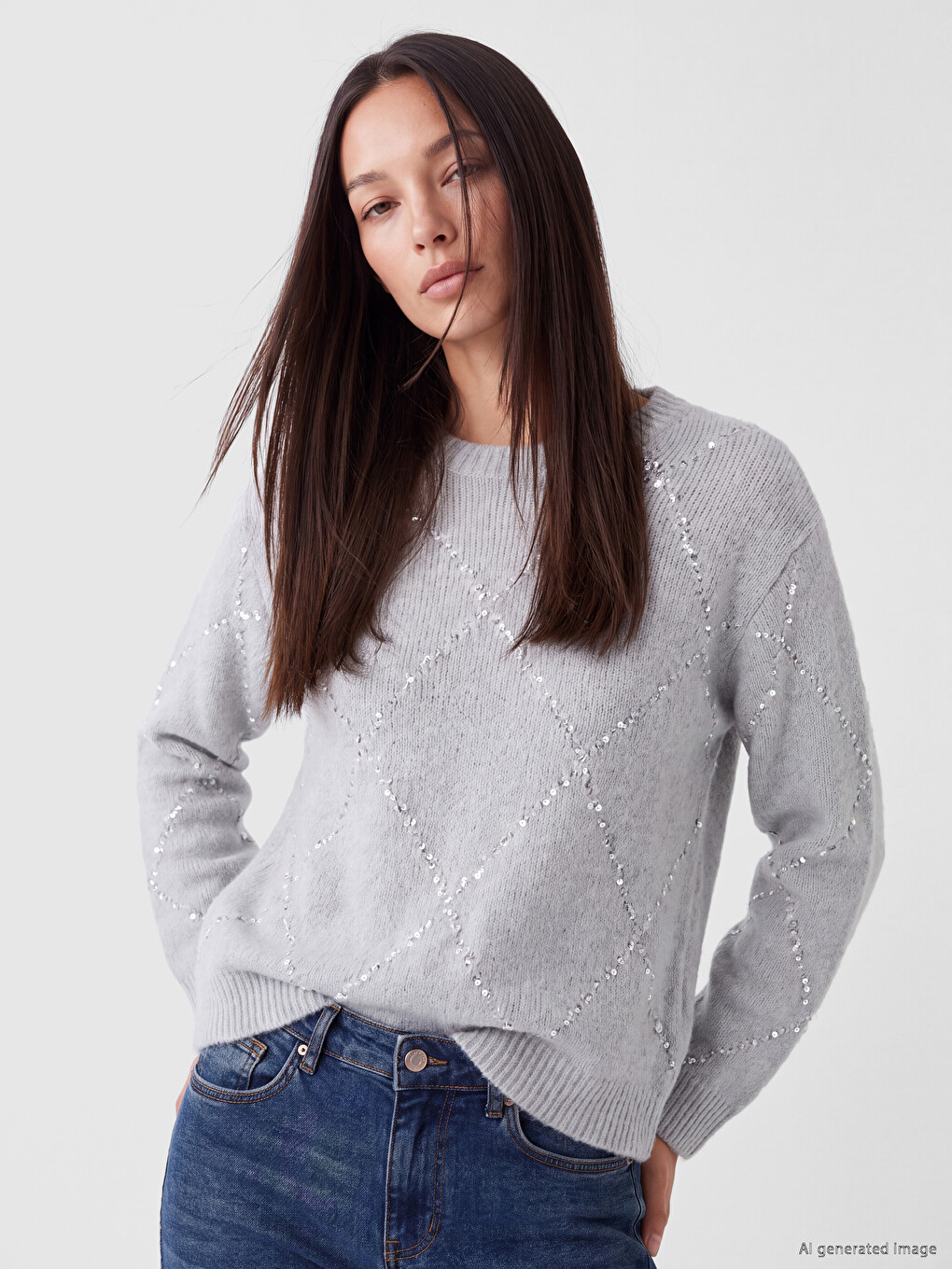 Crew Neck Argyle Patterned Women's Knitwear Sweater