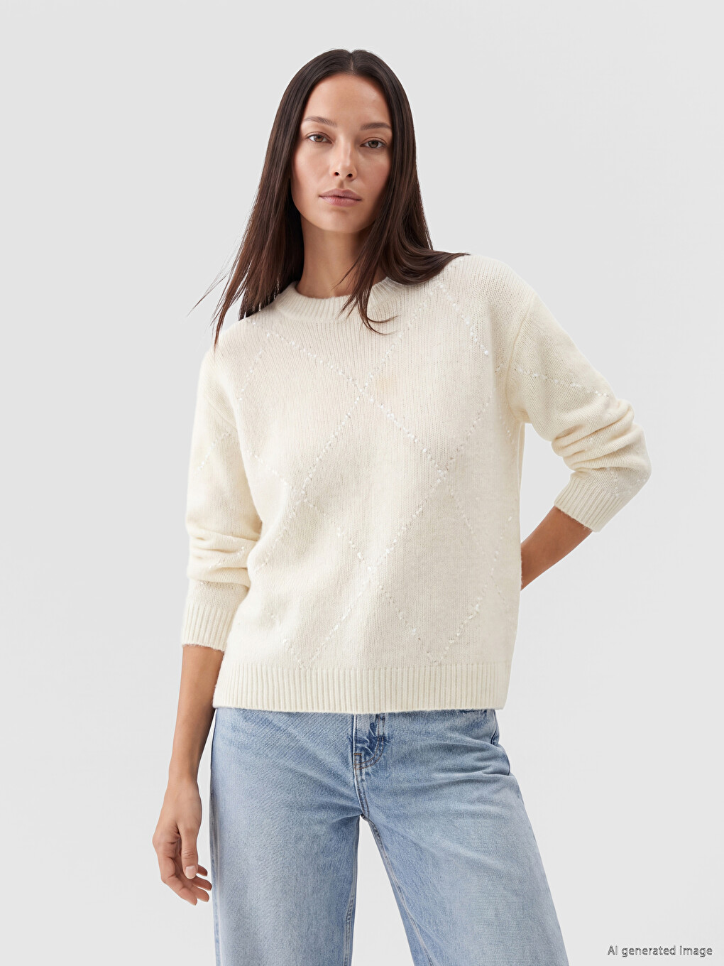 Crew Neck Argyle Patterned Women's Knitwear Sweater