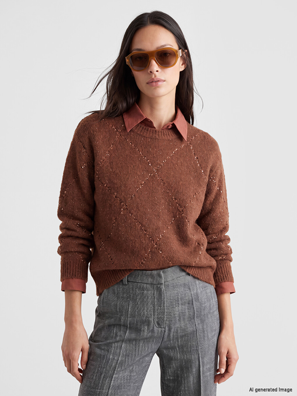 Crew Neck Argyle Patterned Women's Knitwear Sweater