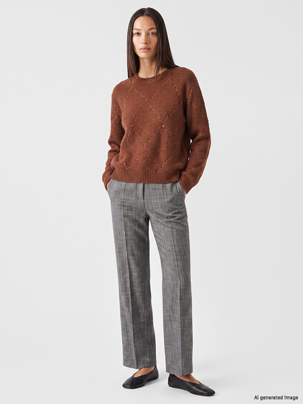 Crew Neck Argyle Patterned Women's Knitwear Sweater-1