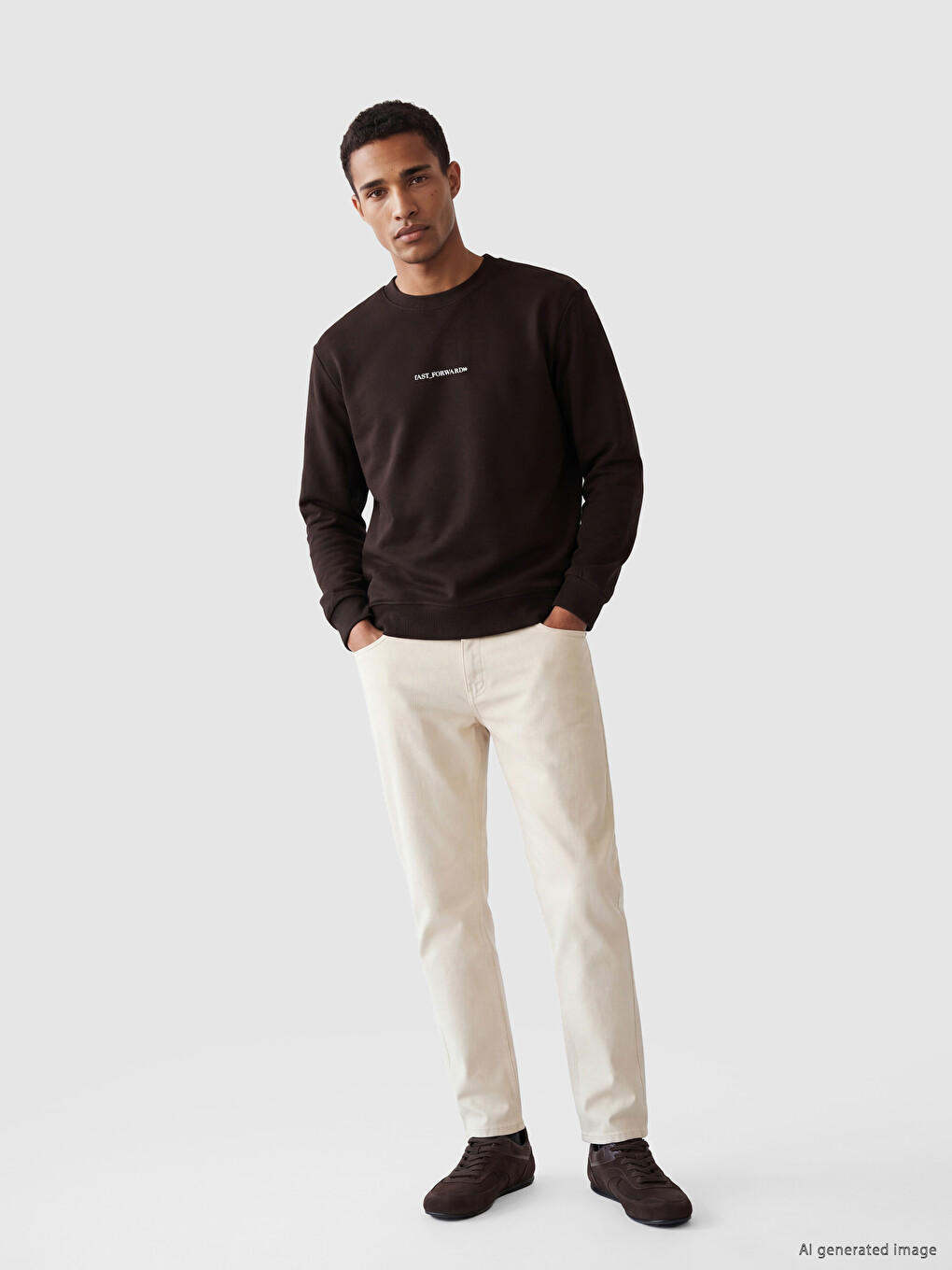Kahverengi Bisiklet Yaka Slogan Baskılı Erkek Sweatshirt-1