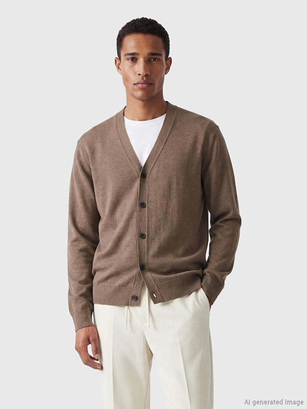 Kahverengi Standart Kalıp V Yaka Erkek Triko Hırka