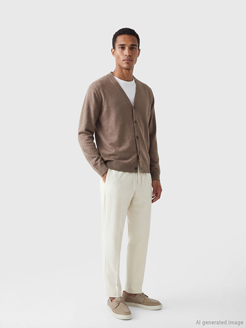 Kahverengi Standart Kalıp V Yaka Erkek Triko Hırka-1