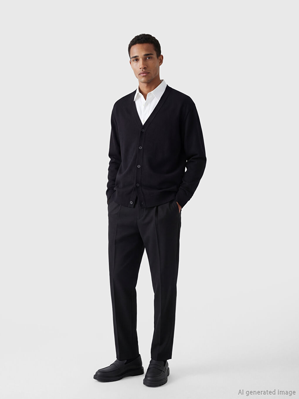 Siyah Standart Kalıp V Yaka Erkek Triko Hırka-1