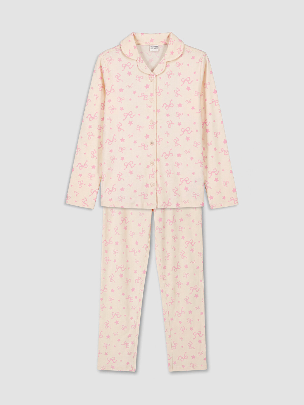 Pembe Gömlek Yaka Baskılı Kız Çocuk Pijama Takımı