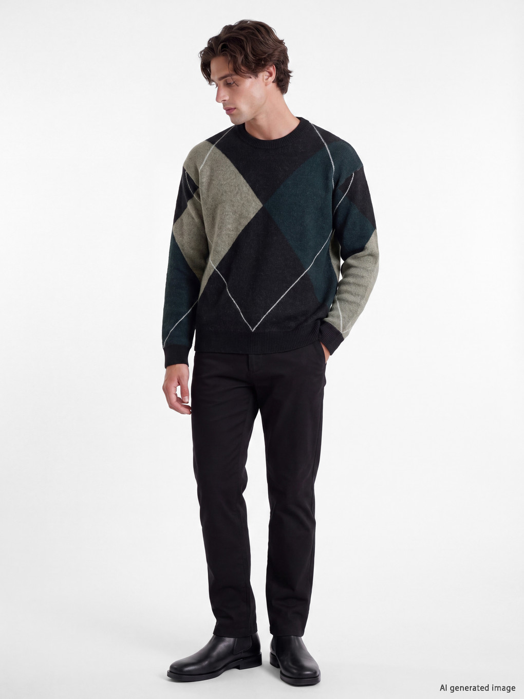 Crew Neck Argyle Patterned Men's Knitwear Sweater-1