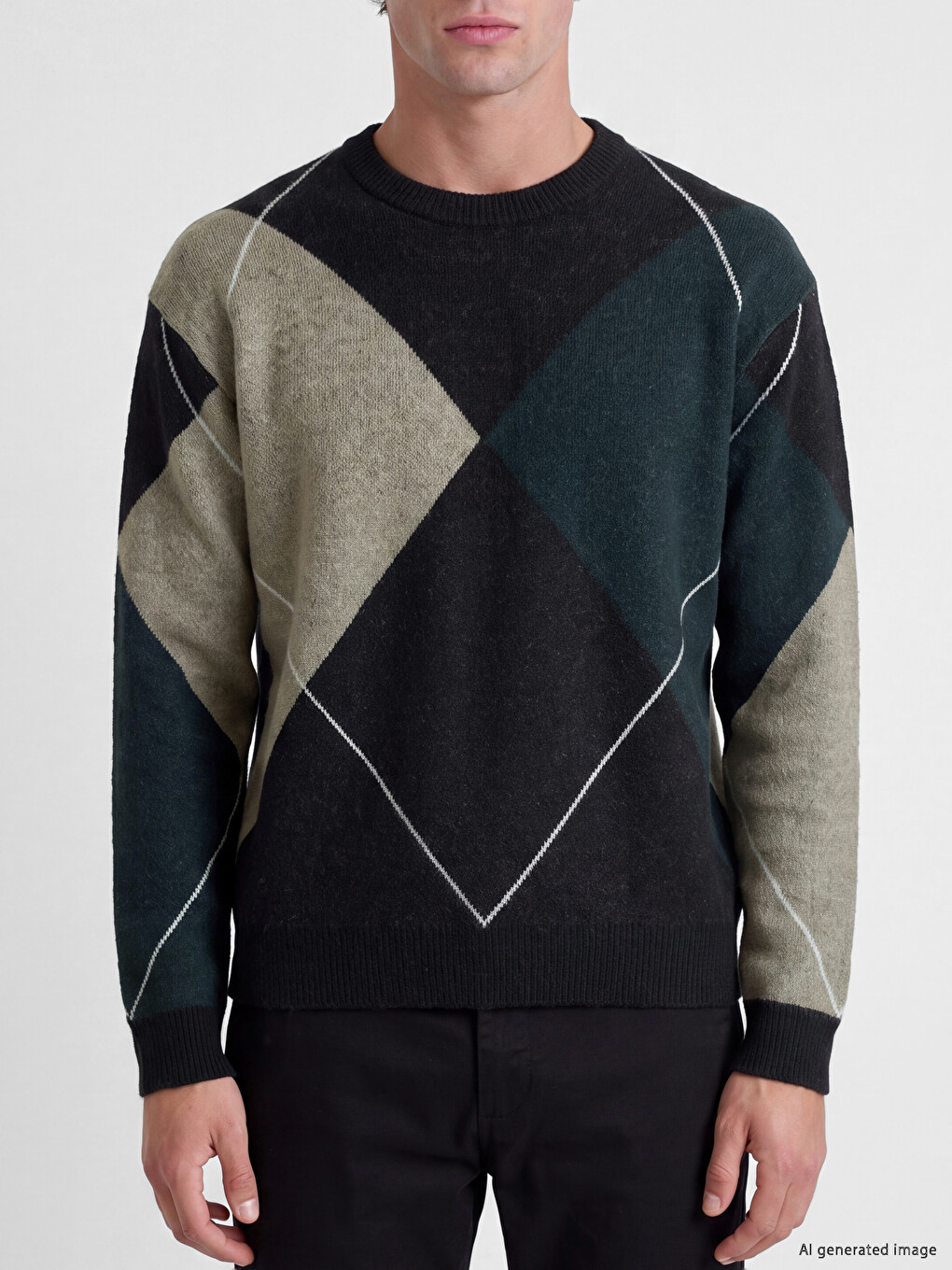 Crew Neck Argyle Patterned Men's Knitwear Sweater-2