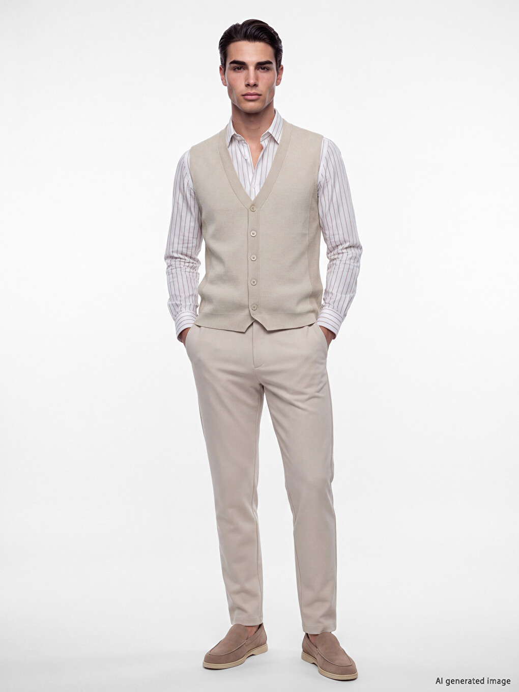 Bej Regular Fit V Yaka Erkek Triko Yelek-1