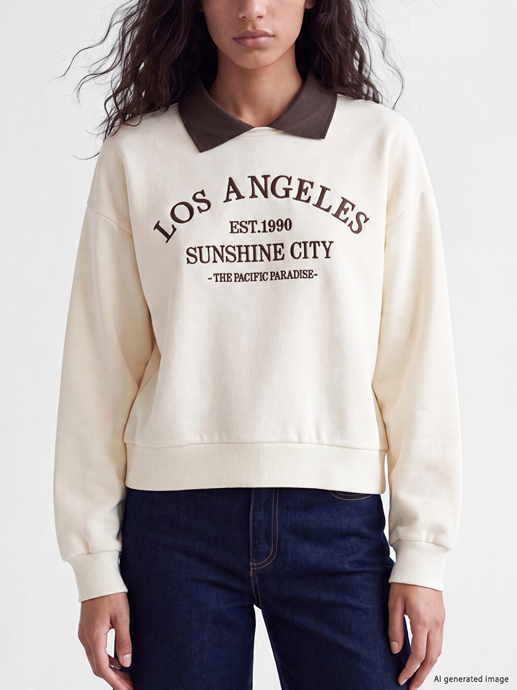 Polo Collar Embroidered Women's Thick Sweatshirt-2