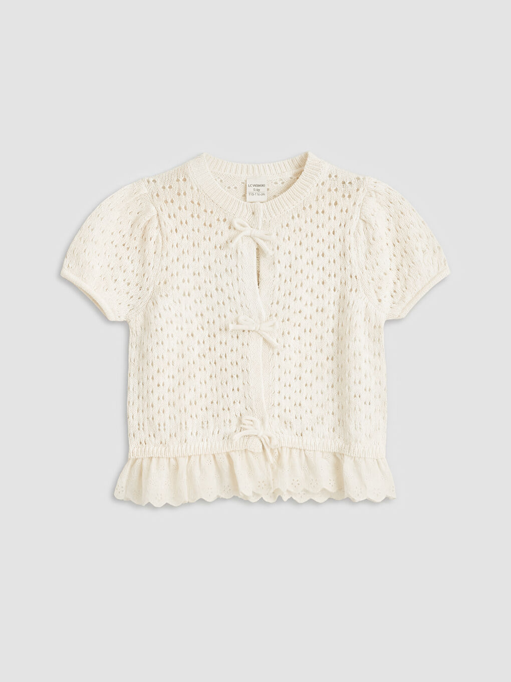 Bej Bisiklet Yaka Ajurlu Kız Çocuk Triko Hırka