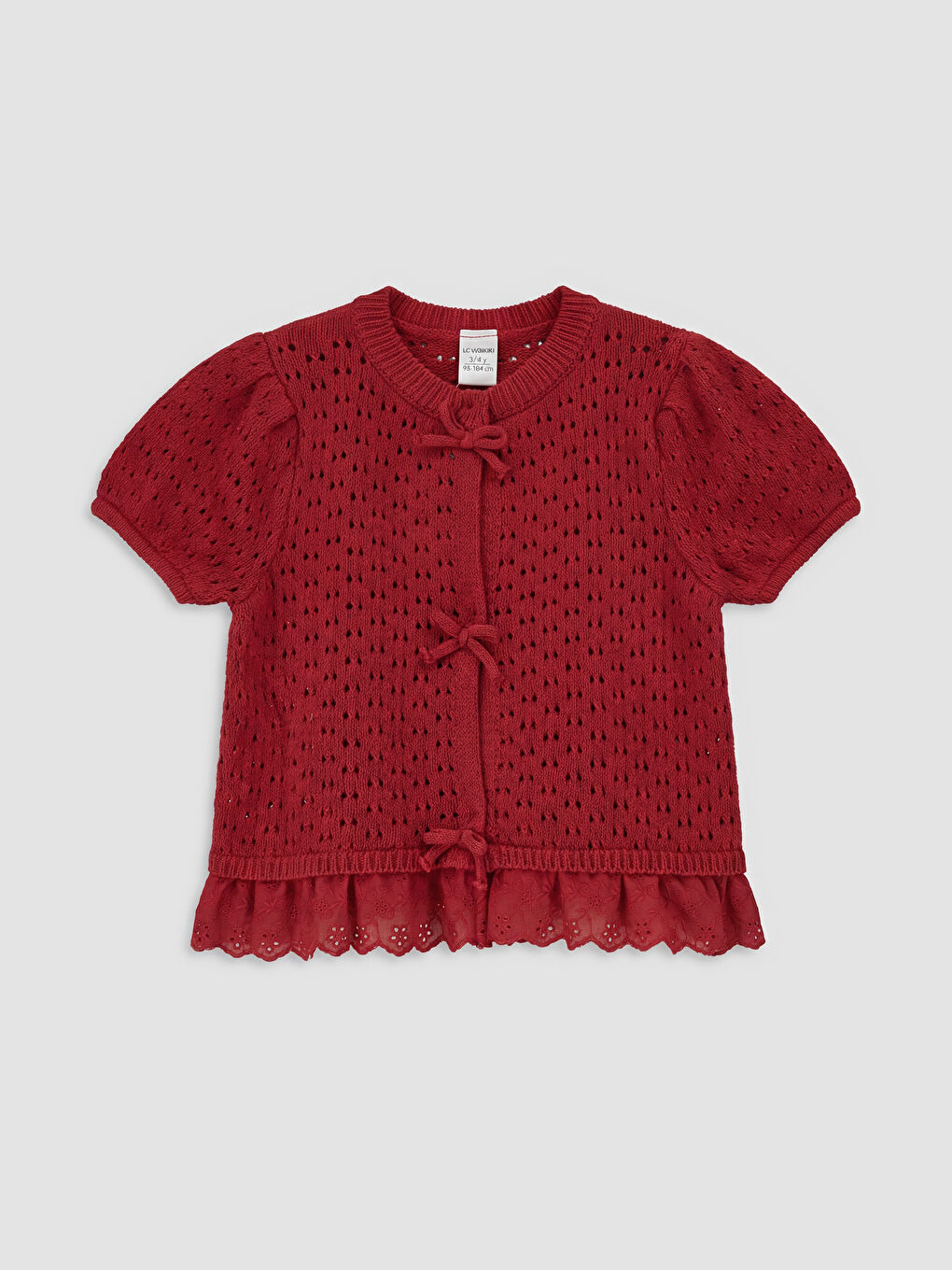 Kırmızı Bisiklet Yaka Ajurlu Kız Çocuk Triko Hırka