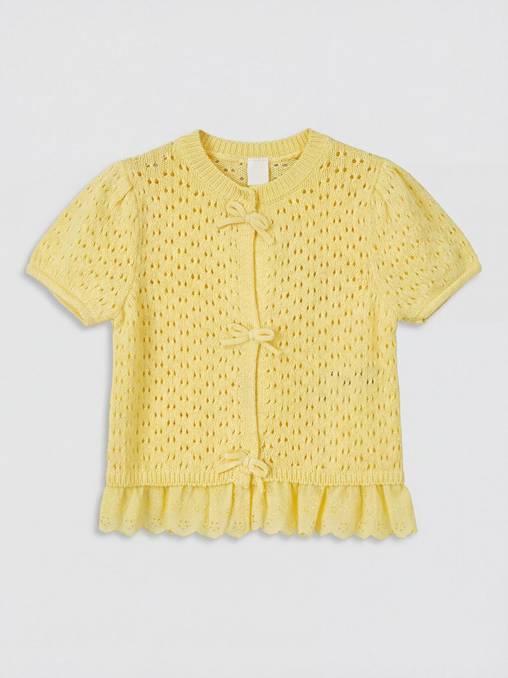 Sarı Bisiklet Yaka Ajurlu Kız Çocuk Triko Hırka