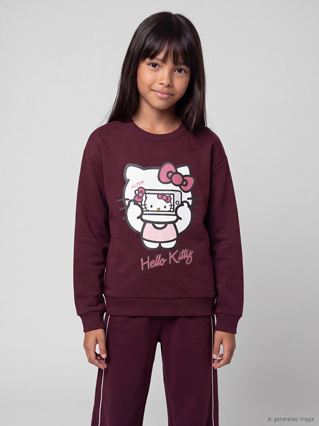 Hello Kitty Baskılı Kız Çocuk Kalın Sweatshirt