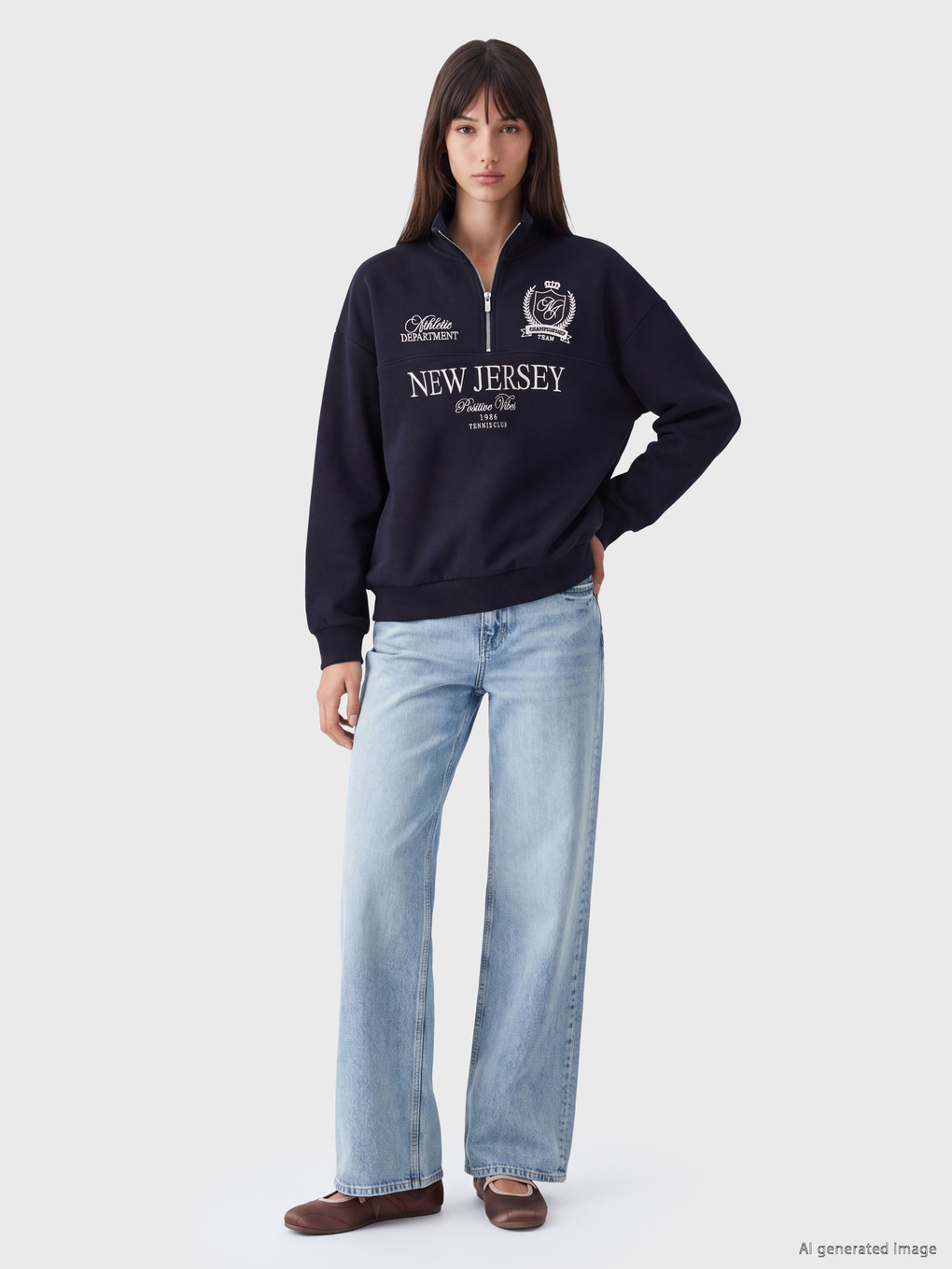 Lacivert Baskılı Oversize Kadın Kalın Sweatshirt-1