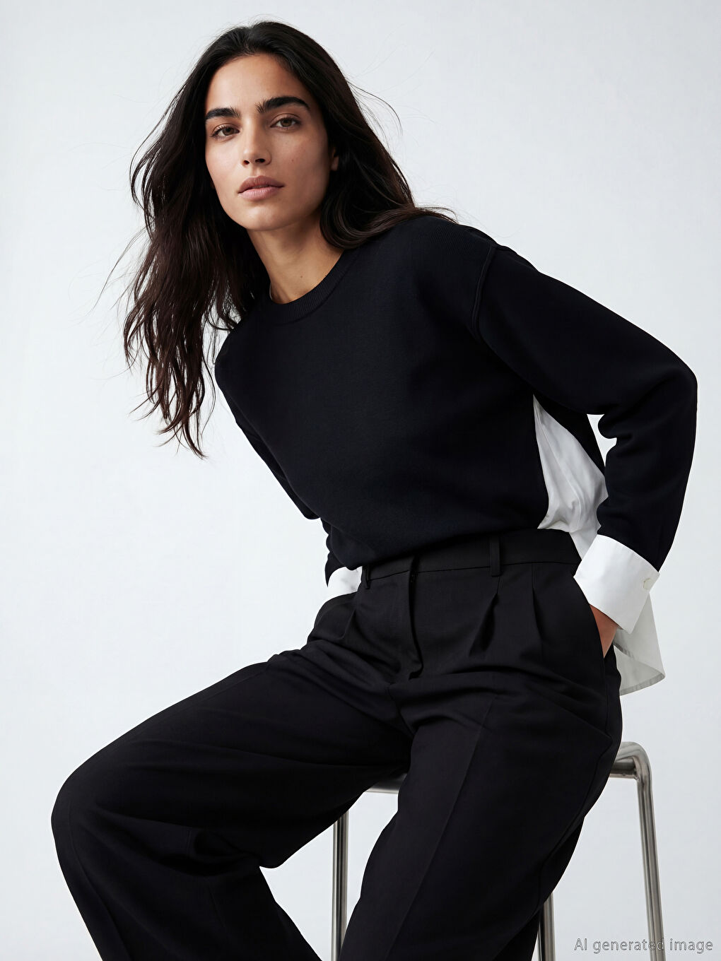 Siyah Gömlek Görünümlü Kadın Triko Kazak