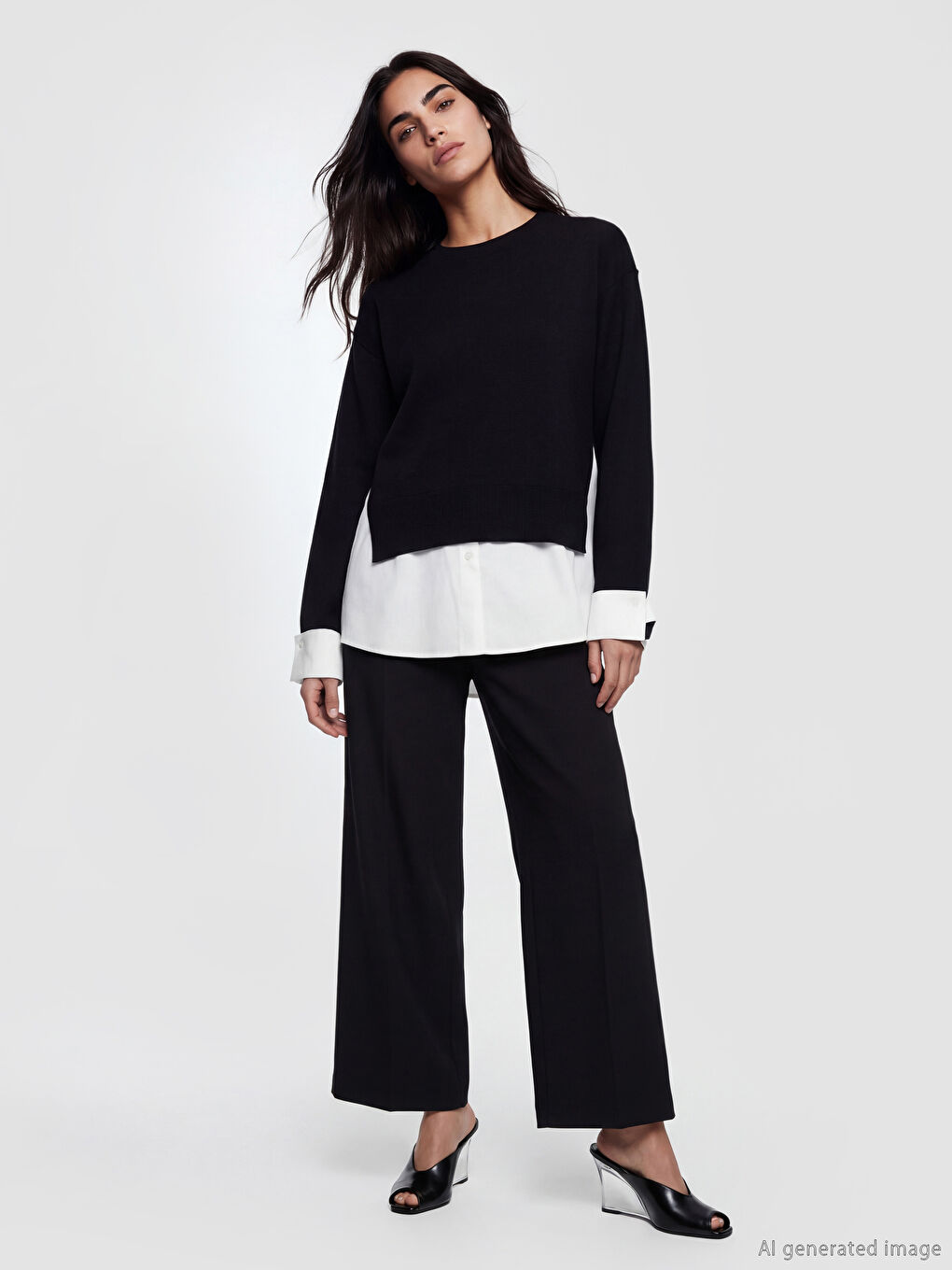 Siyah Gömlek Görünümlü Kadın Triko Kazak-1