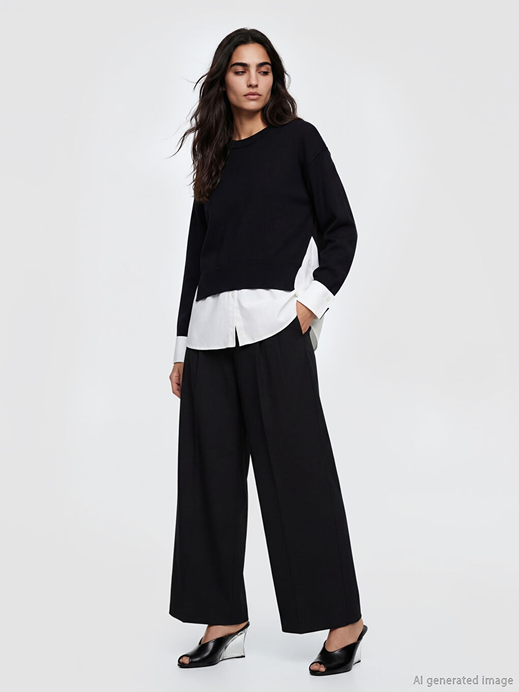 Siyah Gömlek Görünümlü Kadın Triko Kazak-2