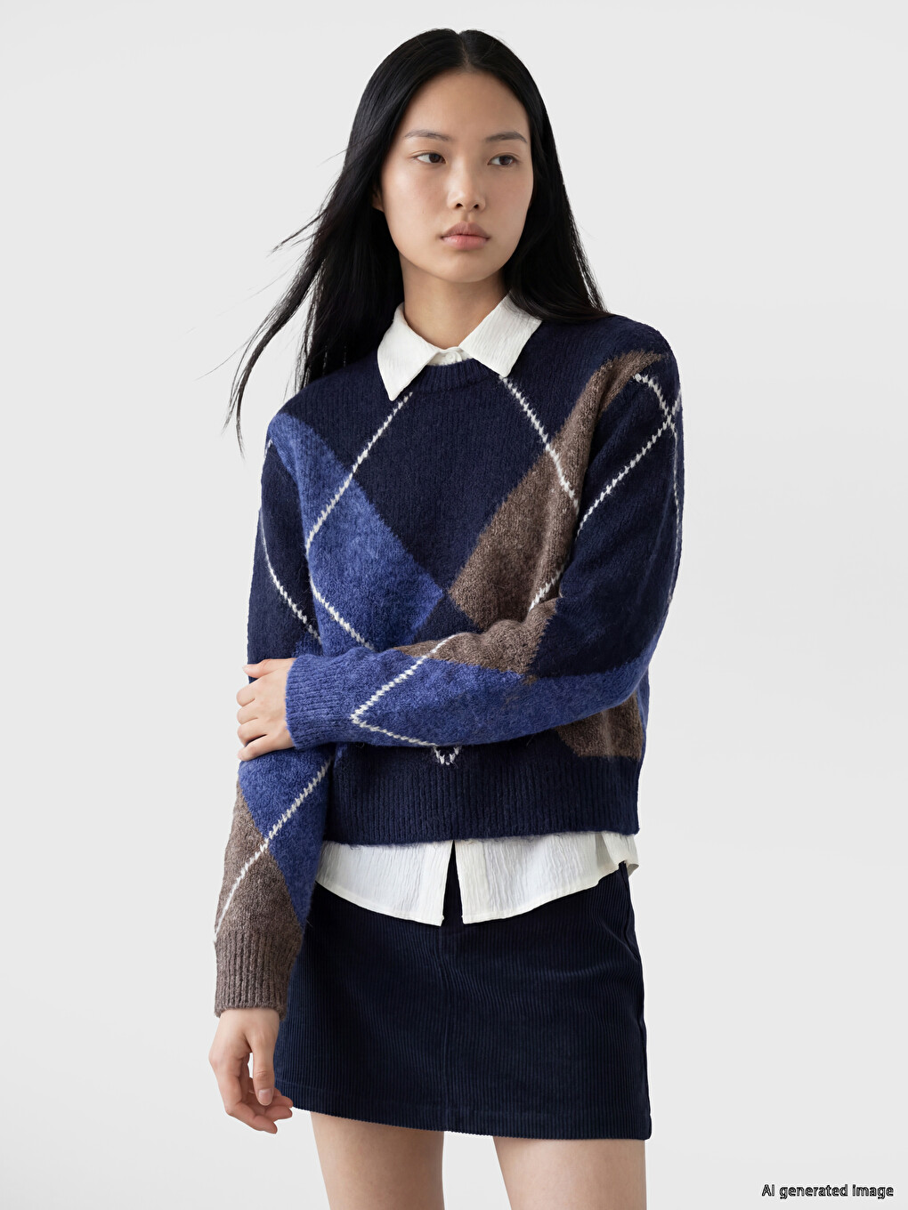 Crew Neck Argyle Patterned Women's Knitwear Sweater
