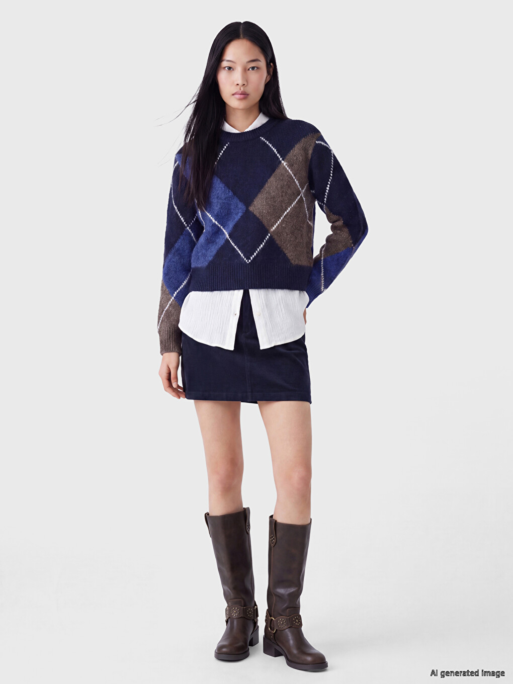 Crew Neck Argyle Patterned Women's Knitwear Sweater-1