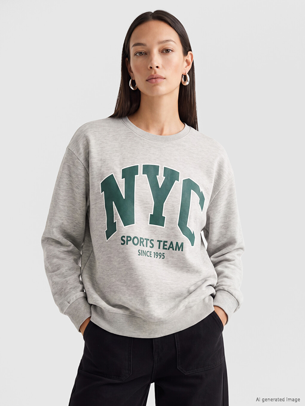 Gri Nyc Baskılı Oversize Kadın Sweatshirt
