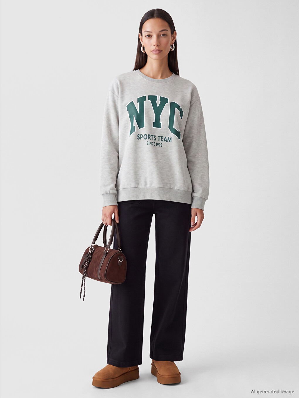 Gri Nyc Baskılı Oversize Kadın Sweatshirt-1