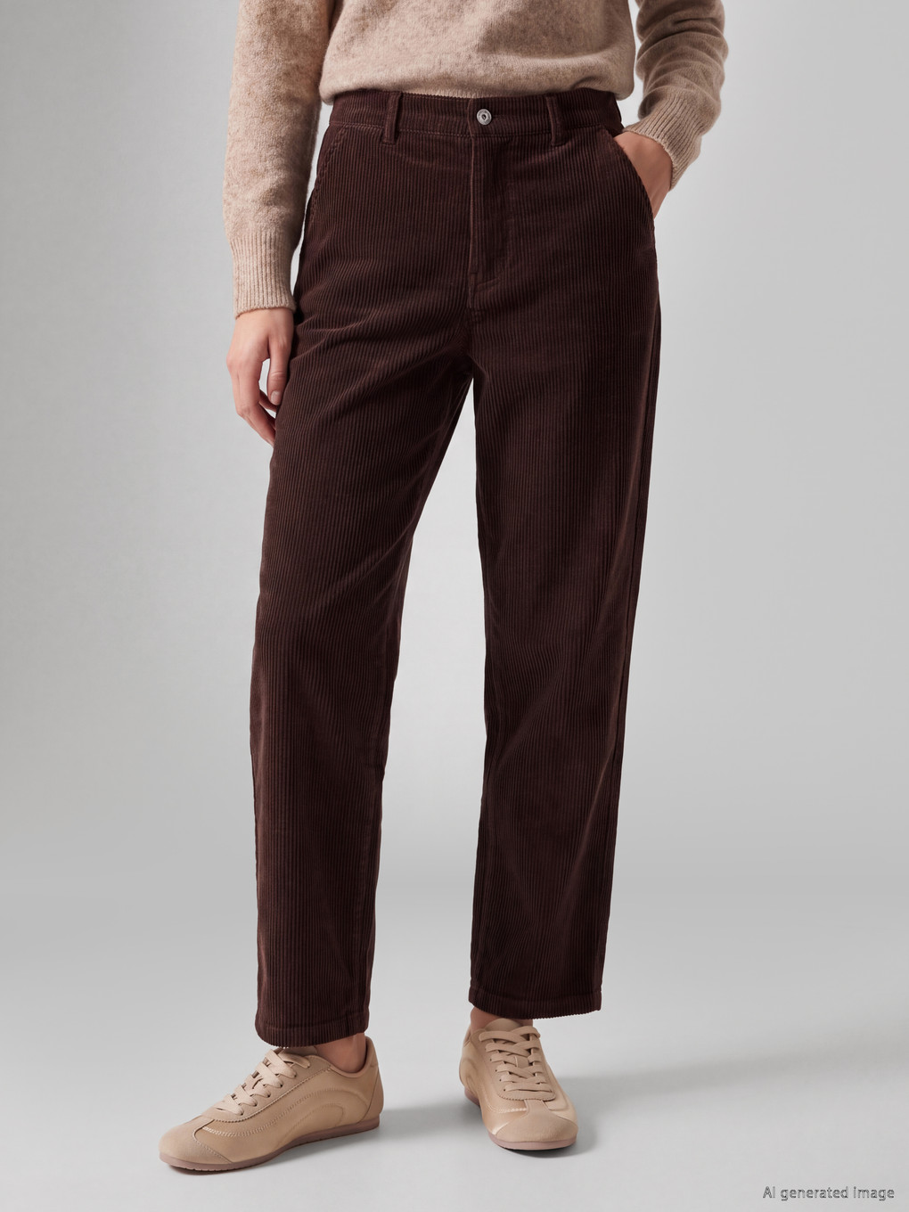 Kahverengi Regular Fit Kadın Kadife Pantolon-1
