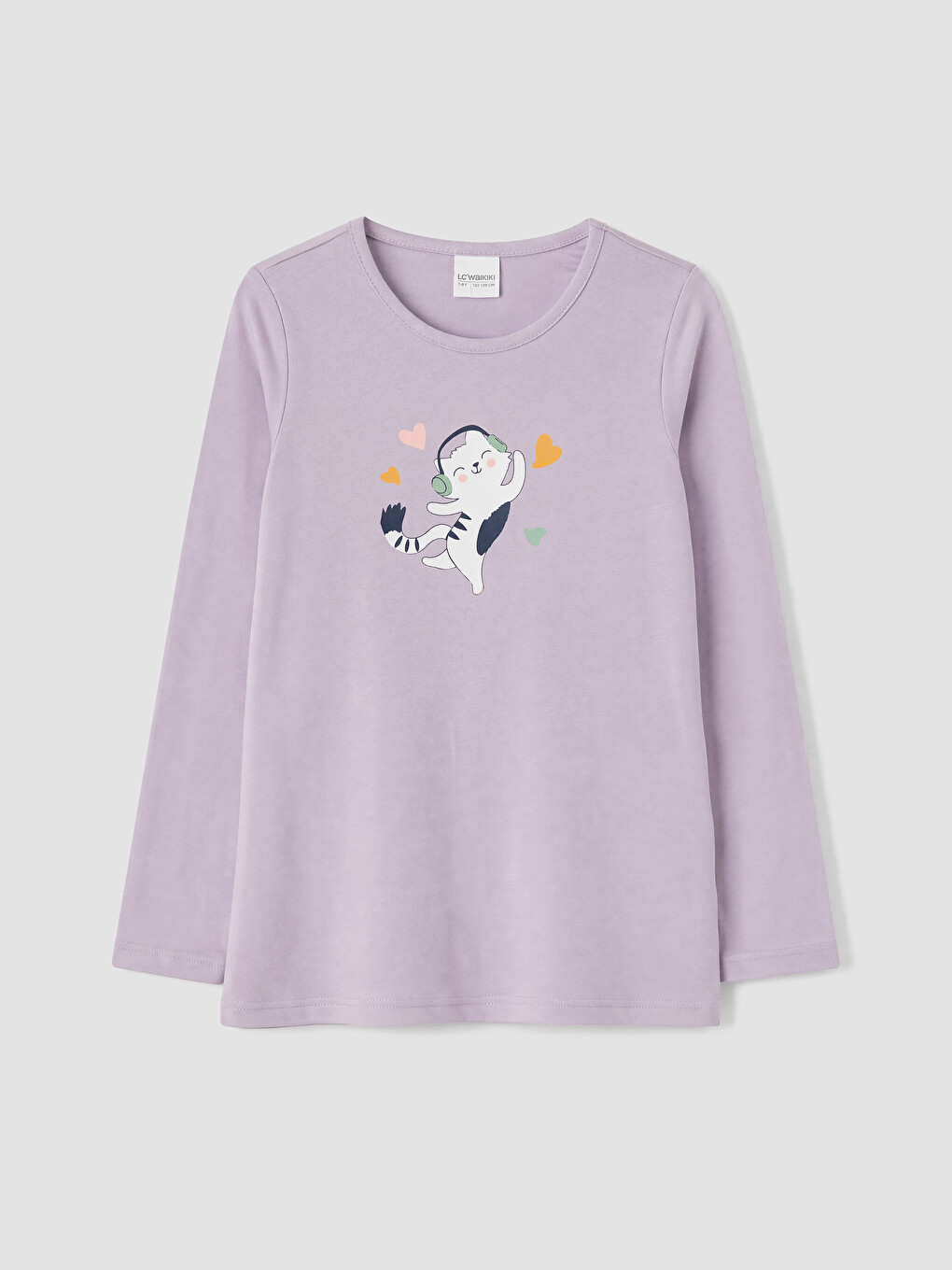 Ekru Bisiklet Yaka Uzun Kollu Baskılı Kız Çocuk Pijama Üst