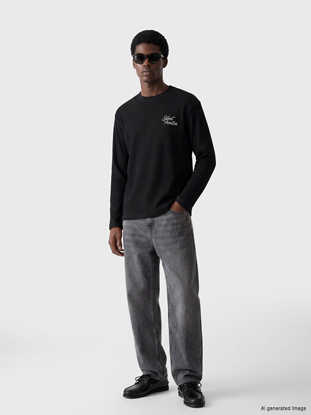 Siyah Bisiklet Yaka Baskılı Erkek Sweatshirt-1