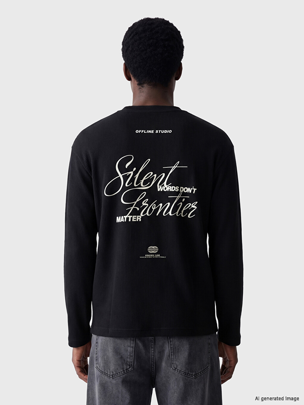 Siyah Bisiklet Yaka Baskılı Erkek Sweatshirt-3
