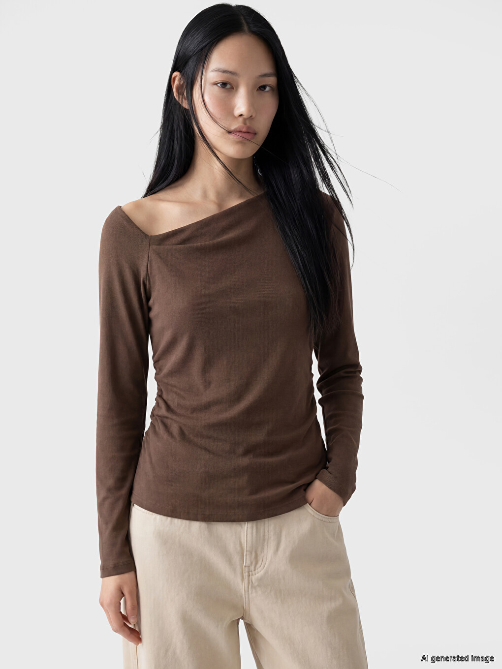 Slash Neck Ribbed Blouse