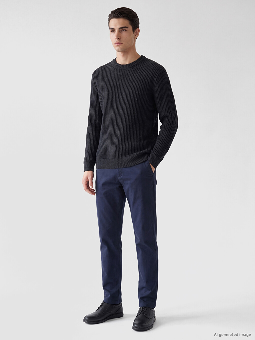Pull En Maille Côtelée À Col Rond Pour Homme-1