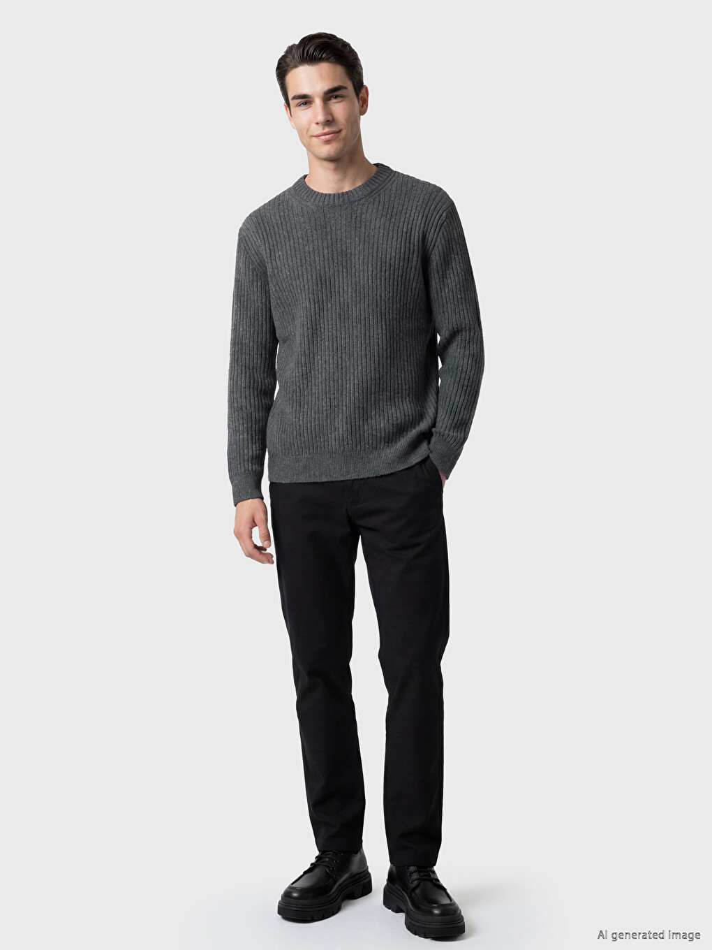 Pull En Maille Côtelée À Col Rond Pour Homme-1
